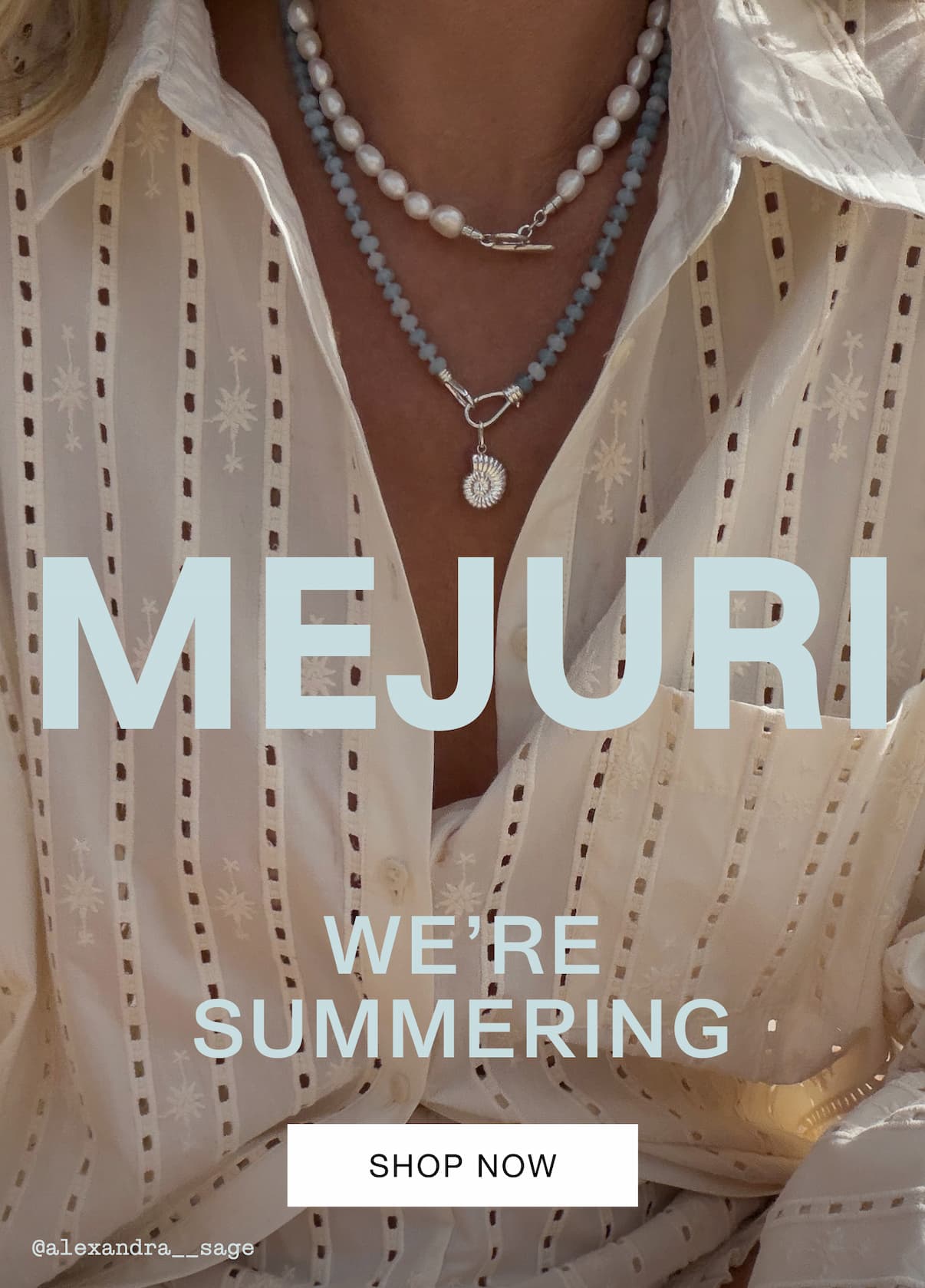 Creator @alexandra__sage wearing layered Mejuri pearl and blue beaded necklaces with a silver shell pendant — Mejuri, We're Summering.