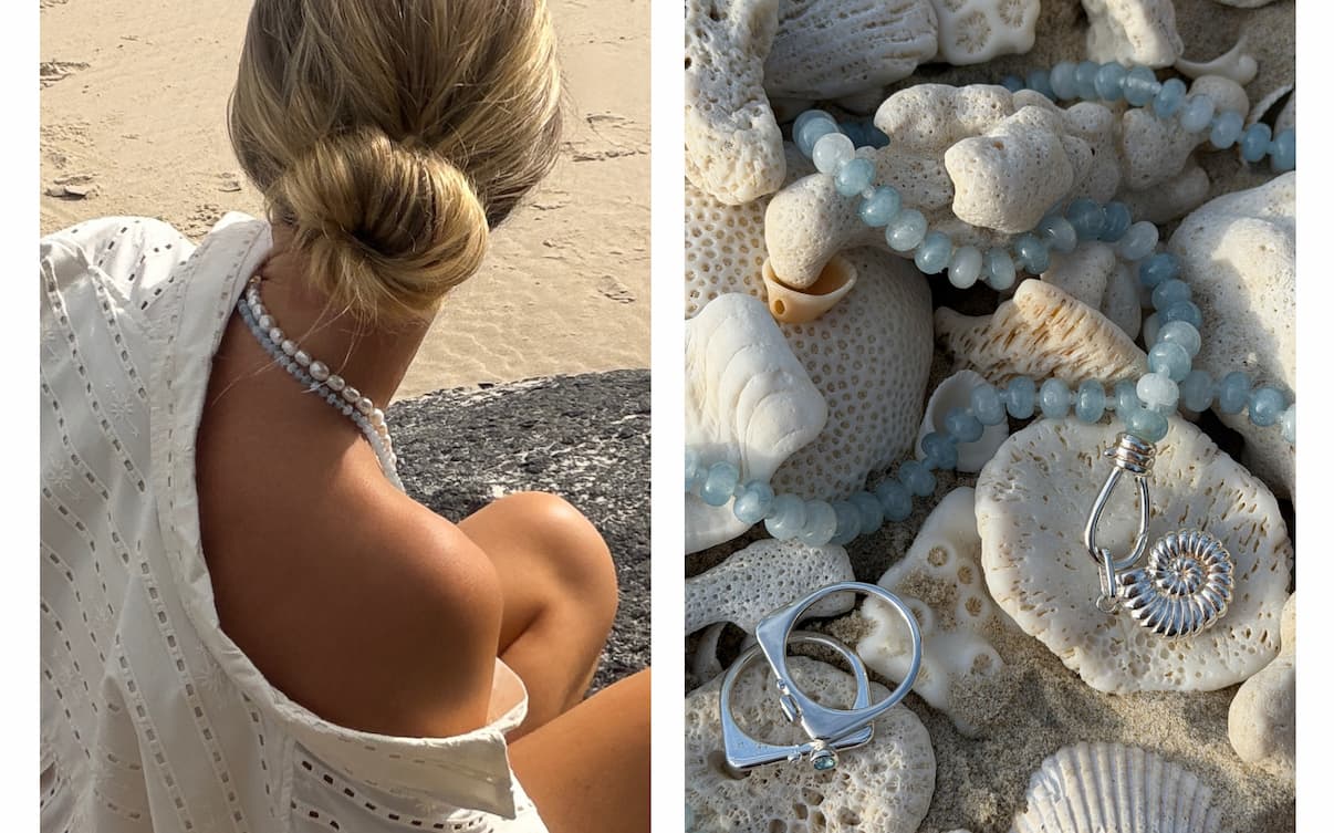 Left panel: Woman with an updo facing the ocean wearing a Mejuri pearl strand necklace. Right panel: Mejuri light blue beaded necklace with a silver shell pendant and geometric ring among seashells on sand.