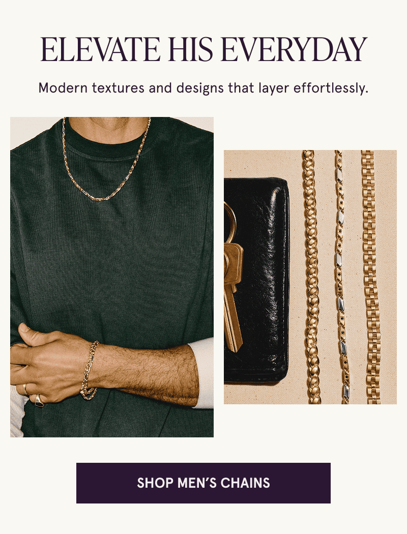 A model in gold jewelry and a close up of three gold chains. Modern textures and designs. Click here to shop men’s chains