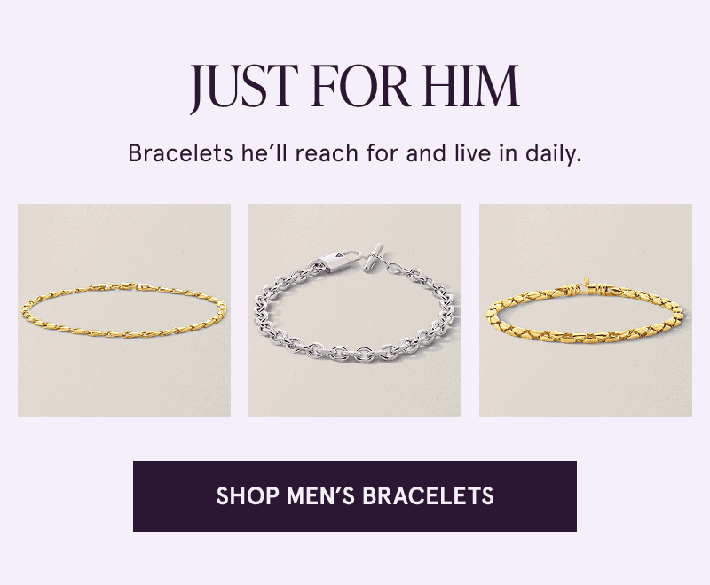 Two gold bracelets and a white metal bracelet. Bracelets he’ll reach for daily. Click here to shop men’s bracelets