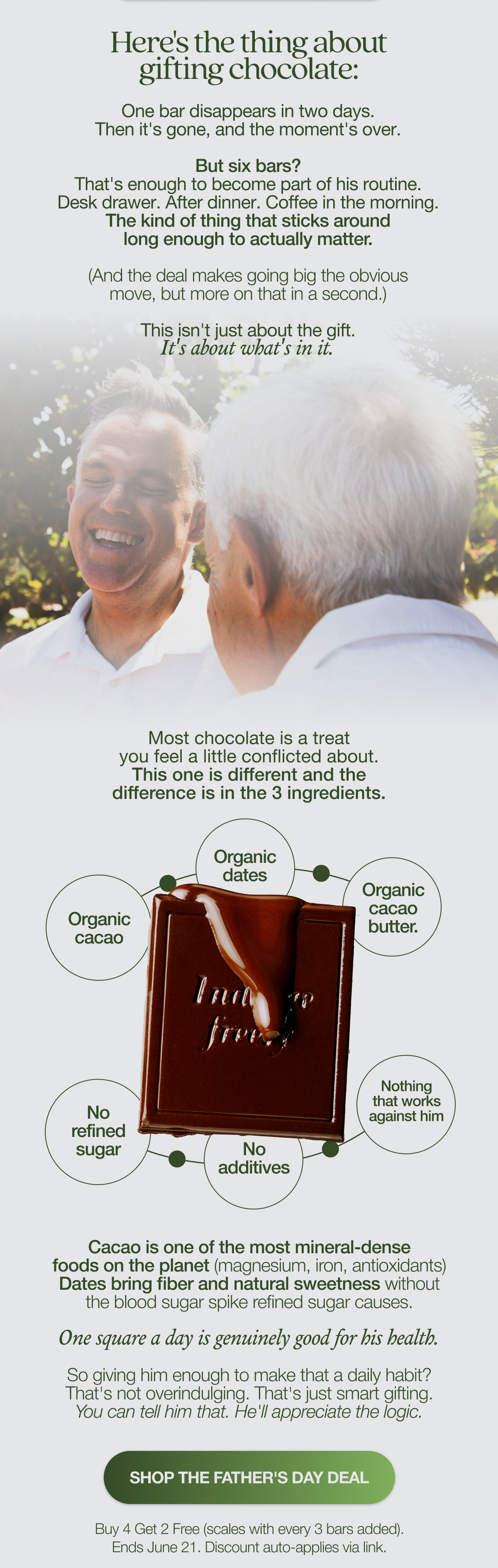 Here's the thing about gifting chocolate: one bar disappears in two days. Then it's gone, and the moment's over.   But six bars? That's enough to become part of his routine. Desk drawer. After dinner. Coffee in the morning. The kind of thing that sticks around long enough to actually matter.   (And the deal makes going big the obvious move, but more on that in a second.)    This isn't just about the gift. It's about what's in it.   Body Most chocolate is a treat you feel a little conflicted about. This one is different and the difference is in the 3 ingredients.   Organic cacao. Organic dates. Organic cacao butter. No refined sugar. No additives. Nothing that works against him.   Cacao is one of the most mineral-dense foods on the planet (magnesium, iron, antioxidants) Dates bring fiber and natural sweetness without the blood sugar spike refined sugar causes.   One square a day is genuinely good for his health. So giving him enough to make that a daily habit? That's not overindulging. That's just smart gifting. (You can tell him that. He'll appreciate the logic.)   SHOP THE FATHER'S DAY DEAL