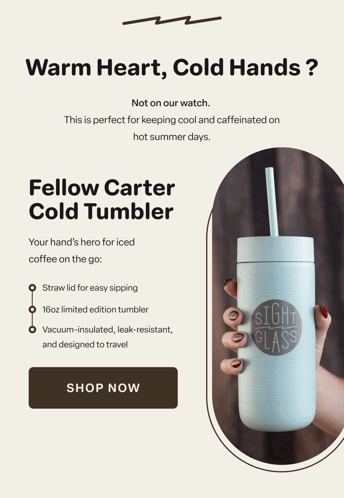 Fellow Carter Cold Tumbler. Your hand’s hero for iced coffee on the go: