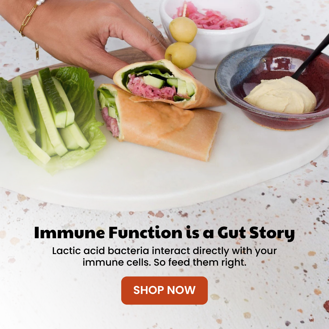 A platter of food including two wraps, cucumbers, hummus, and pickled onions, with text overlay about gut health.