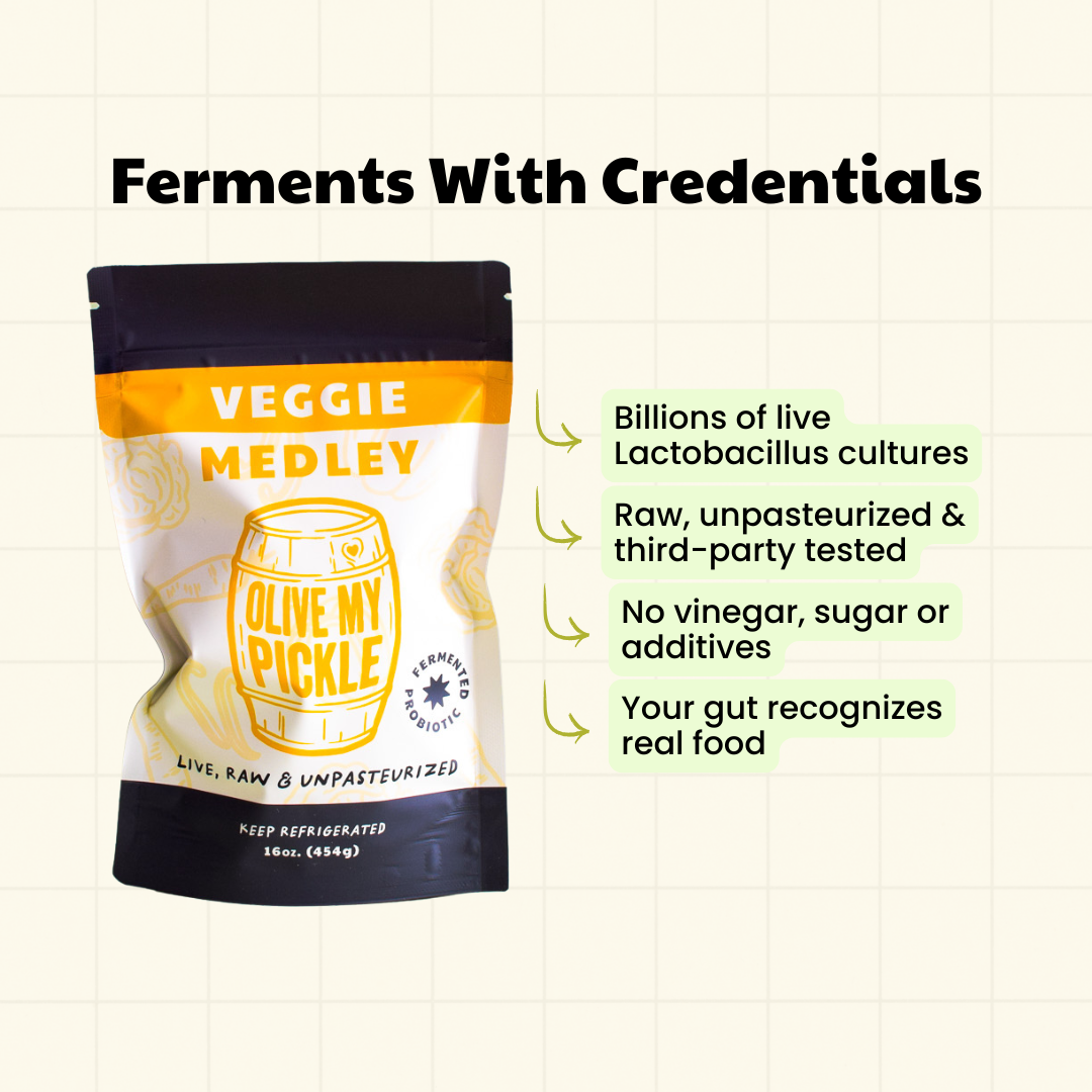An infographic showing a pouch of Olive My Pickle's Veggie Medley next to a list of its health benefits.