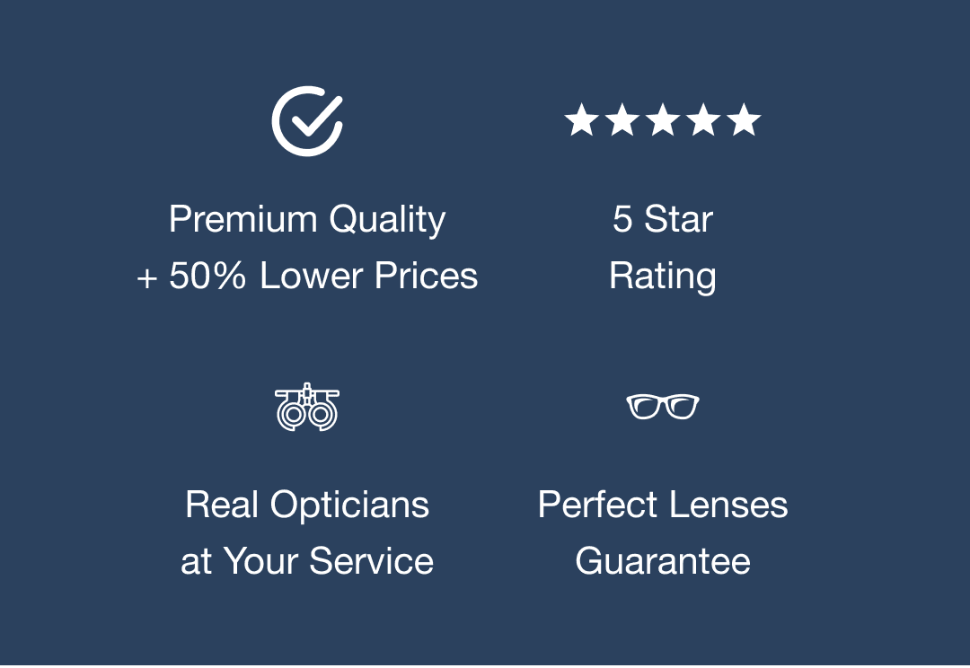 premium quality + 50% lower prices, 5-star rating, real opticians at your service, perfect lenses guarantee