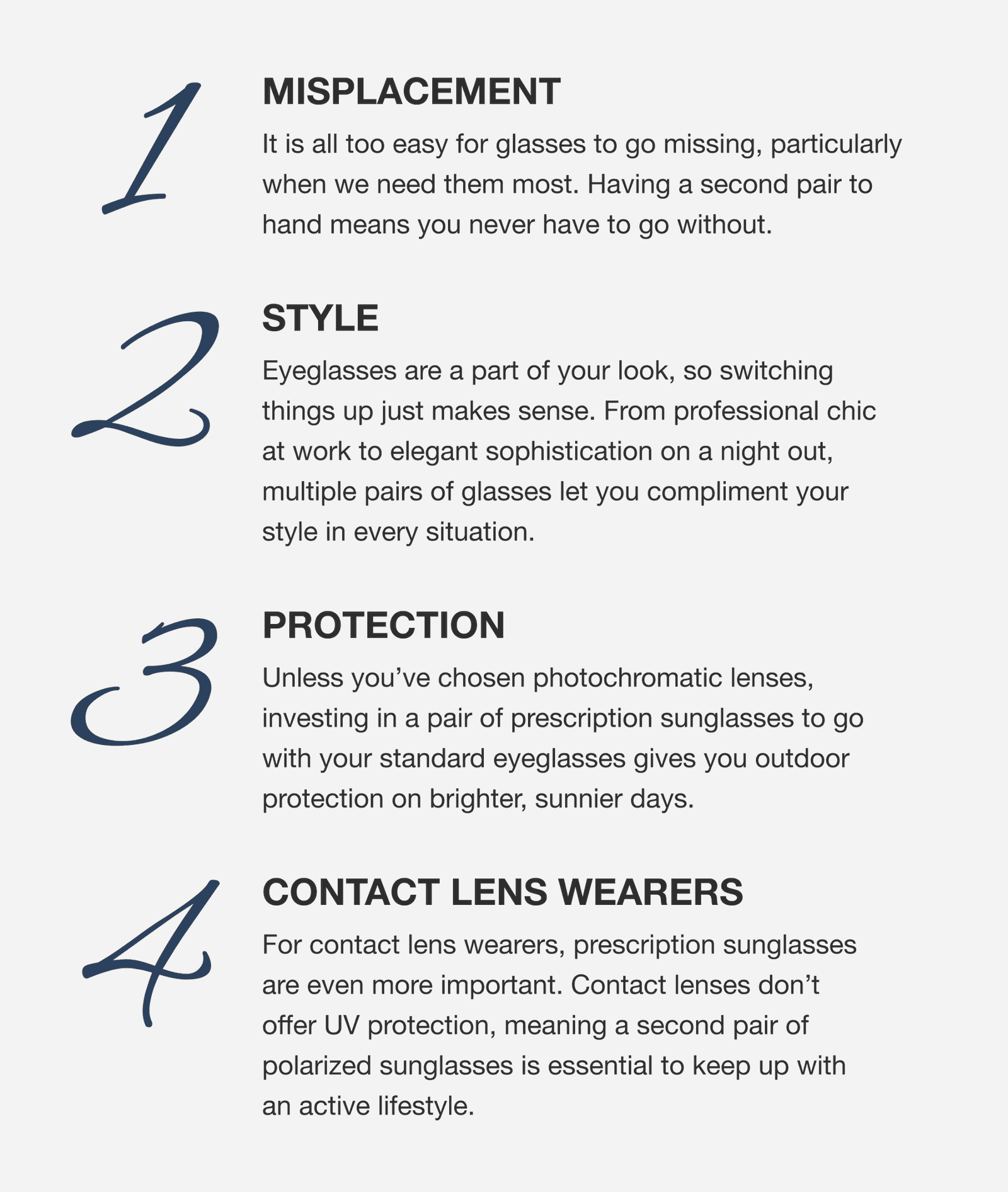 4 reasons for a second pair of glasses - misplacement - style - protection - contact lens wearers