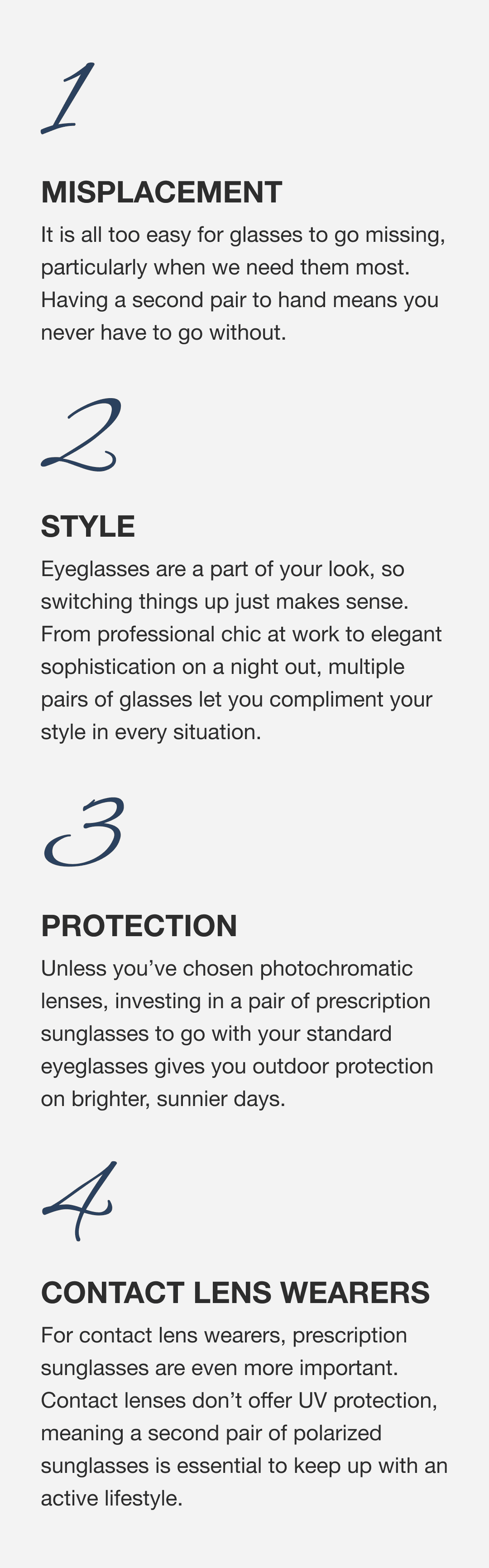 4 reasons for a second pair of glasses - misplacement - style - protection - contact lens wearers