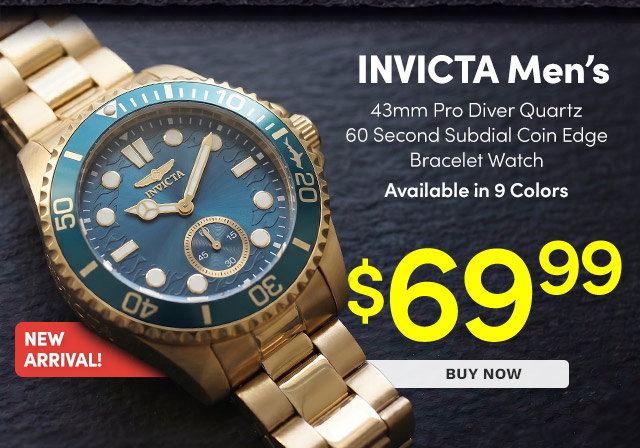 INV-49427 INVICTA | Men's 43mm Pro Diver Quartz 60 Second Subdial Coin Edge Bracelet Watch – Available in 9 Colors