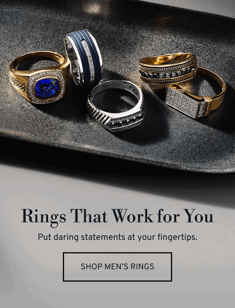 Men’s rings on stone tray. Rings That Work for You. Put daring statements at your fingertips. Click to Shop Men’s Rings