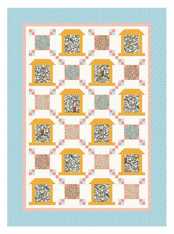 A colorful quilt featuring birdfeeder shaped blocks on a white background, with a bright aqua blue border. >>