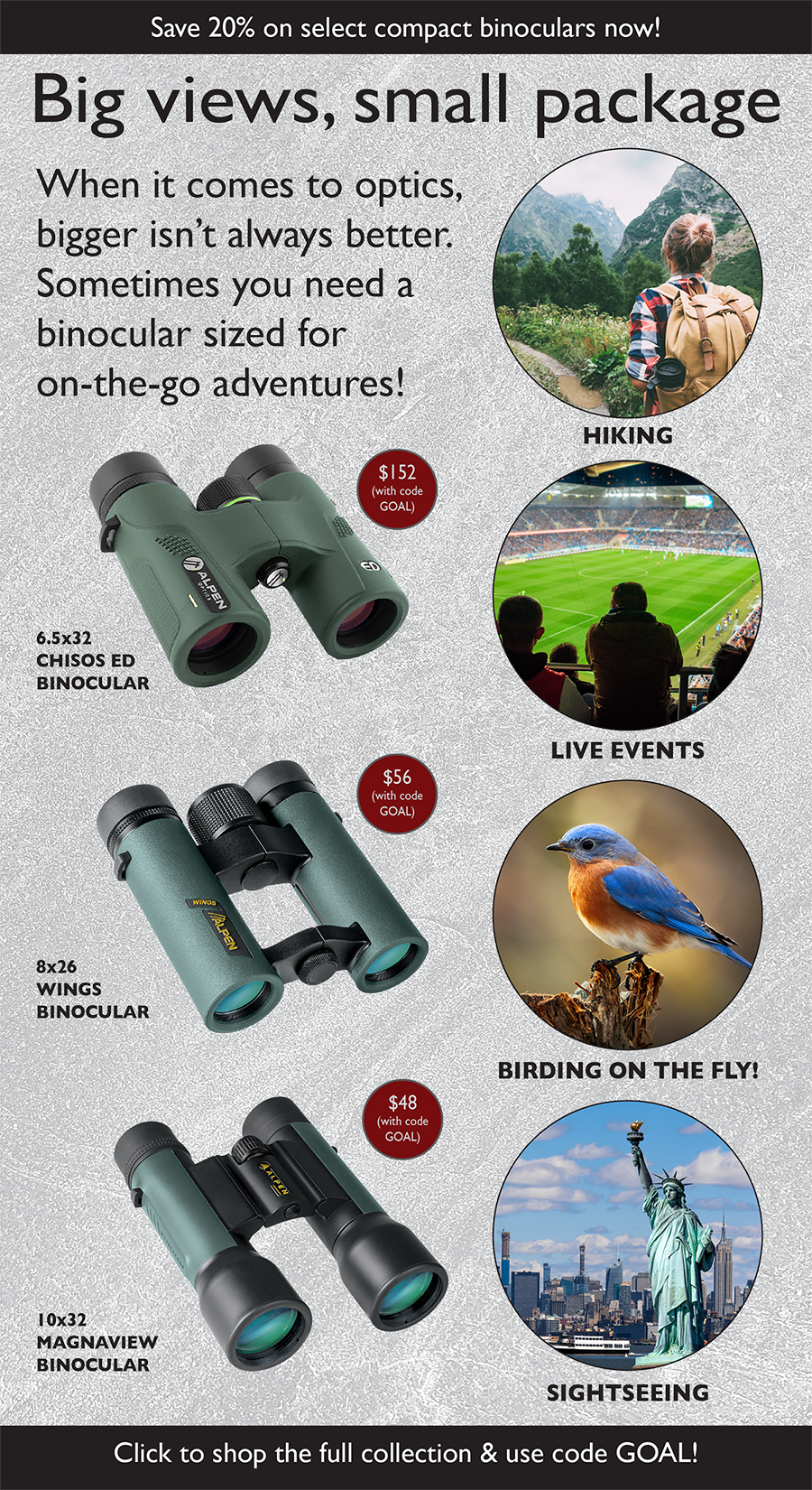 Compact Binoculars on gray background with pictures of various activities
