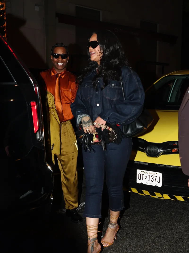 EXCLUSIVE New York, NY Singer Rihanna and rapper A$AP Rocky are seen in high spirits while celebrating the New York Knicks’ victory over the San Antonio Spurs in New York City. Rihanna wore a dark wash denim jacket with matching fitted jeans and strappy heels, while Rocky opted for a satin shirt and tie paired with pleated trousers, dress shoes, and sunglasses. Pictured: Rihanna, A$AP Rocky BACKGRID USA 10 JUNE 2026 BYLINE MUST READ: BlayzenPhotos / BACKGRID USA: +1 310 798 9111 / usasales@backgrid.com UK: +44 208 344 2007 / uksales@backgrid.com UK Clients - Pictures Containing Children Please Pixelate Face Prior To Publication