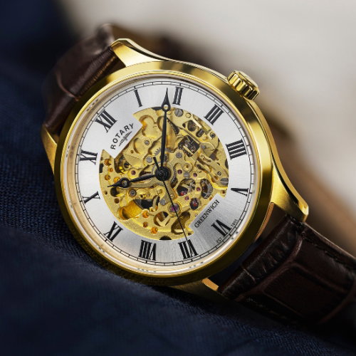 Rotary Men's Skeleton Automatic Gold Tone Brown Leather Strap Watch