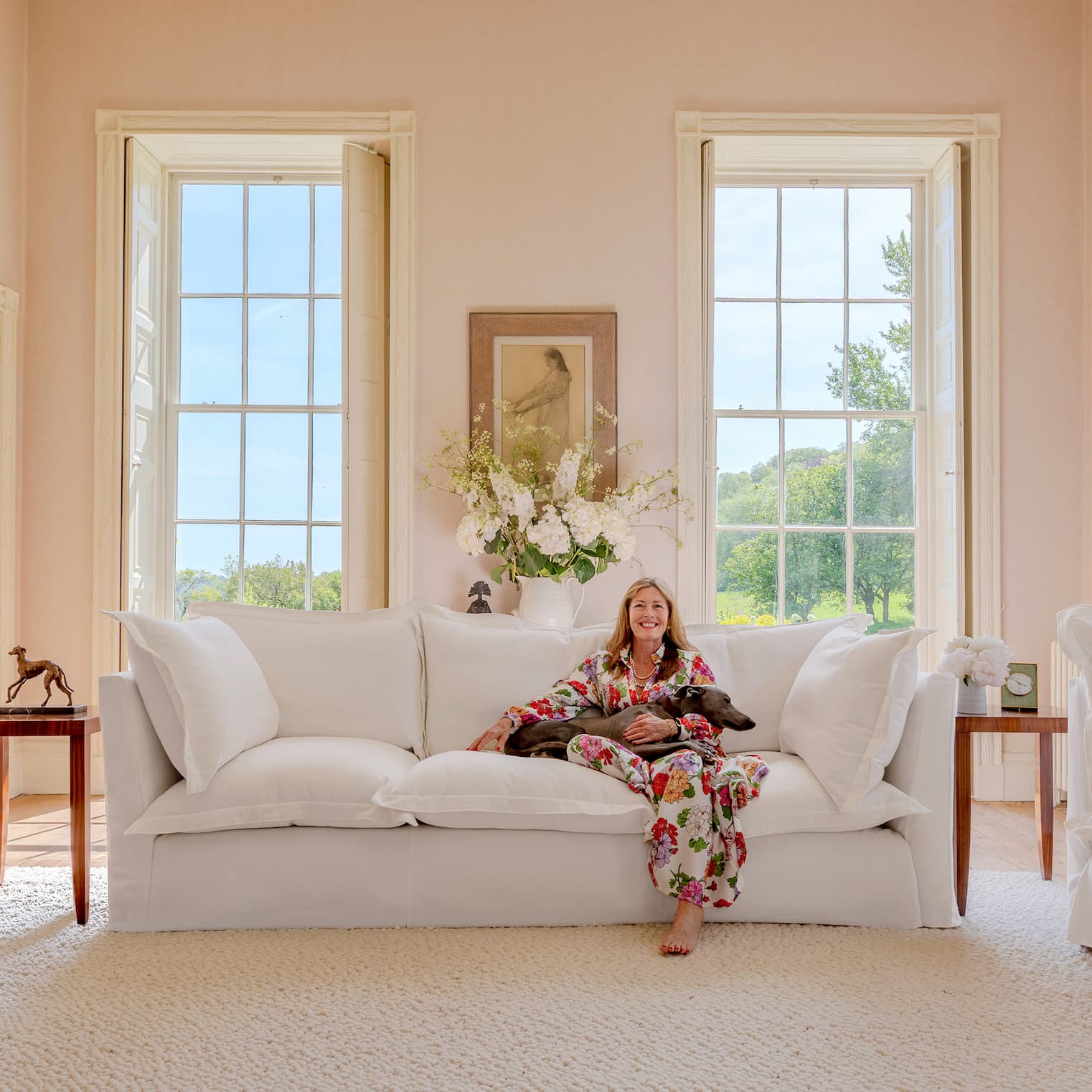 Sophie with the new Coco 3.5 Seater Sofa with Oxford Border cushions