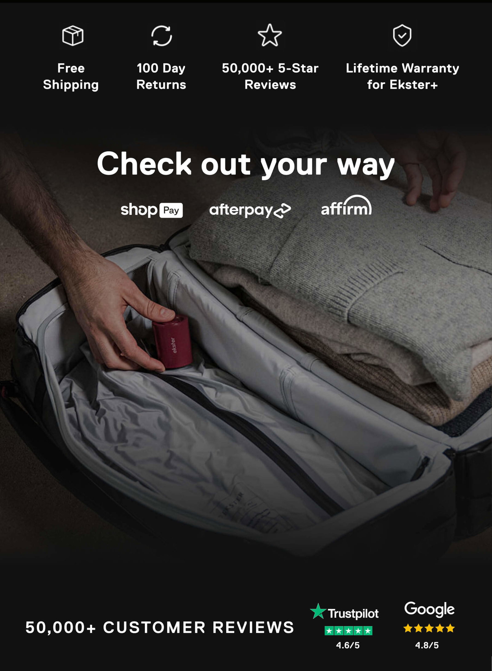 Free Shipping 100 Day Returns 50,000+ 5-Star Reviews Lifetime Warranty for Ekster+ Check out your way shopPay afterpay affirm 50,000+ CUSTOMER REVIEWS Trustpilot 4.6/5 Google 4.8/5