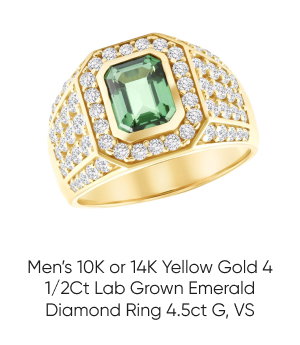 10k or 14k Yellow Gold 4 1/2Ct Lab Grown Emerald and Round Diamond Ring l 4.5ct l G, VS for Men