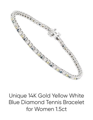 Unique 14K Gold Yellow White Blue Diamond Tennis Bracelet for Women 1.5ct