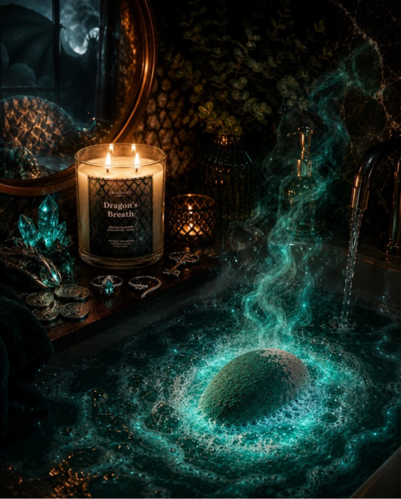 Dragon Egg Bath Bomb foaming in bath + lit up candle