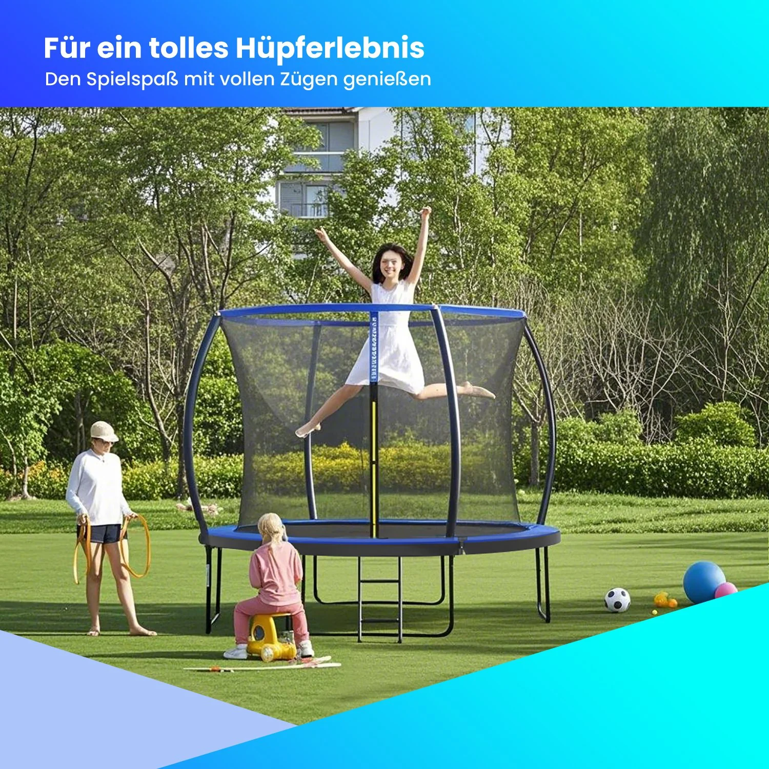 Image of rundes Gartentrampolin mit Sicherheitsnetz
