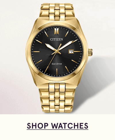 Gold-tone Citizen Eco-Drive wristwatch with black dial, gold hour markers & gold links. Click here to shop watches
