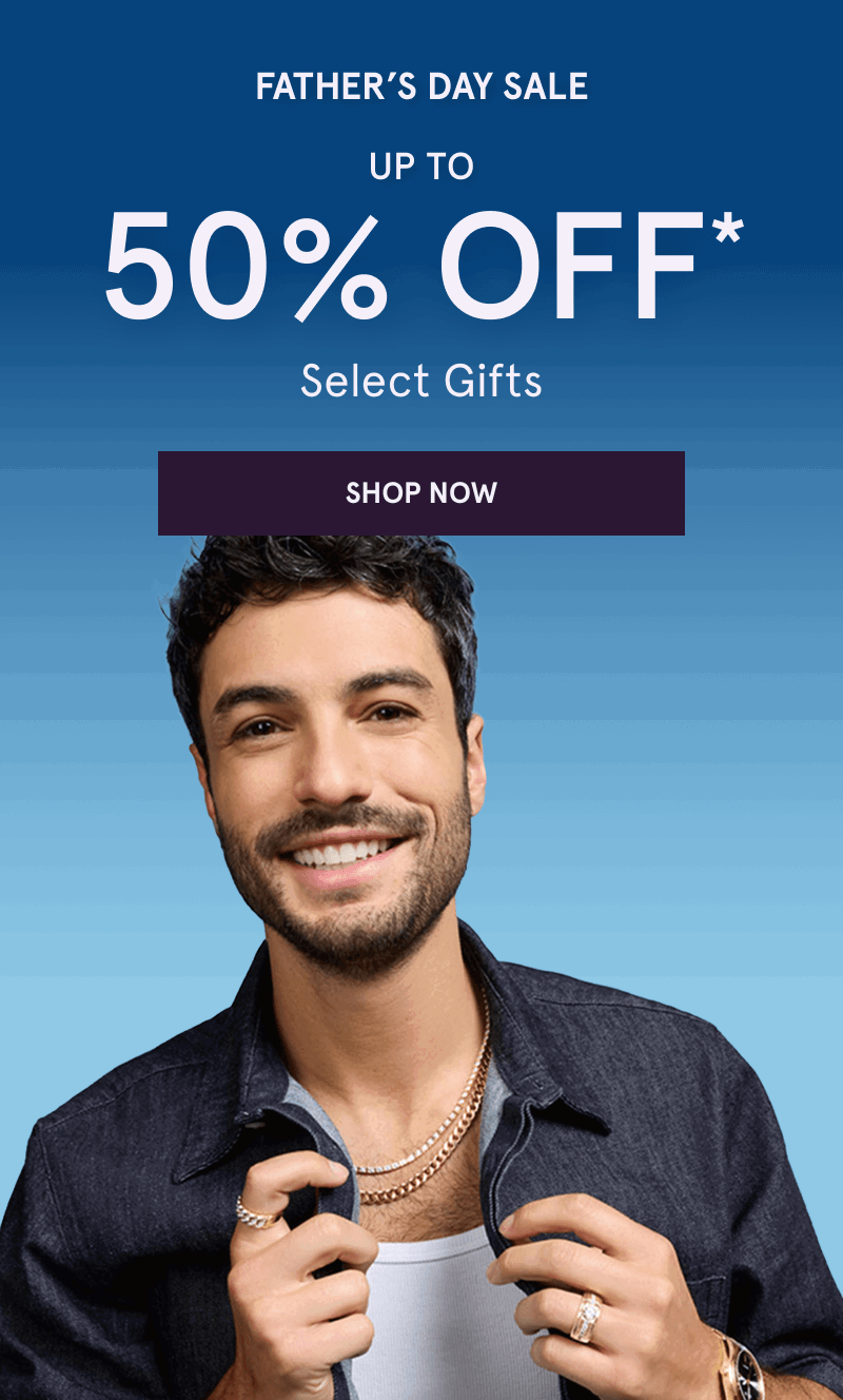 Male wearing gold chains, rings & black dial watch. Father’s Day Sale. Up to 50% OFF Select Gifts. Click here to shop now
