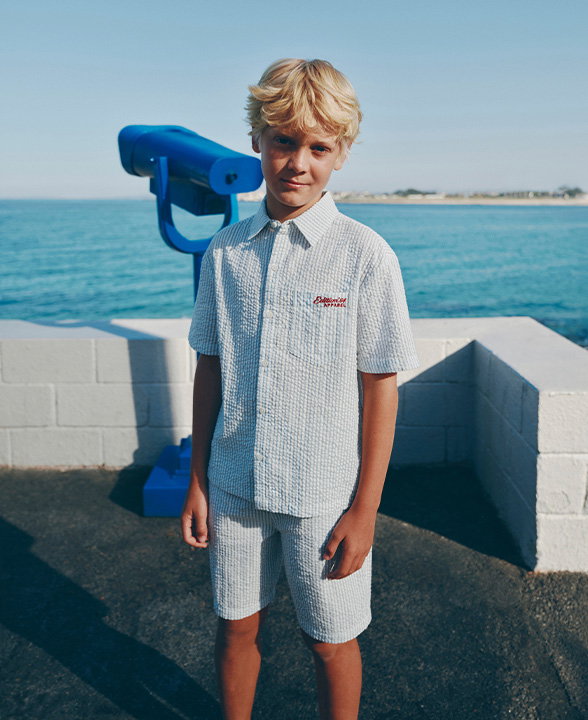 Boy wearing a Light Blue Pure Cotton Striped Shirt