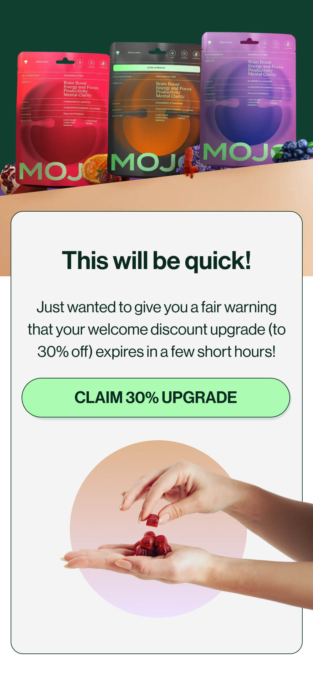 This will be quick! | Just wanted to give you a fair warning that your welcome discount upgrade (to 30% off) expires in a few short hours! | [CLAIM 30% UPGRADE]
