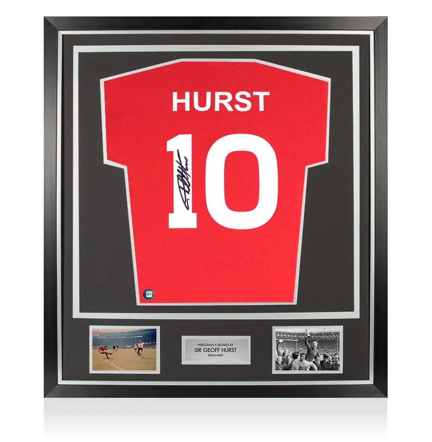 Framed Sir Geoff Hurst Signed T-Shirt - Number 10 - Premium