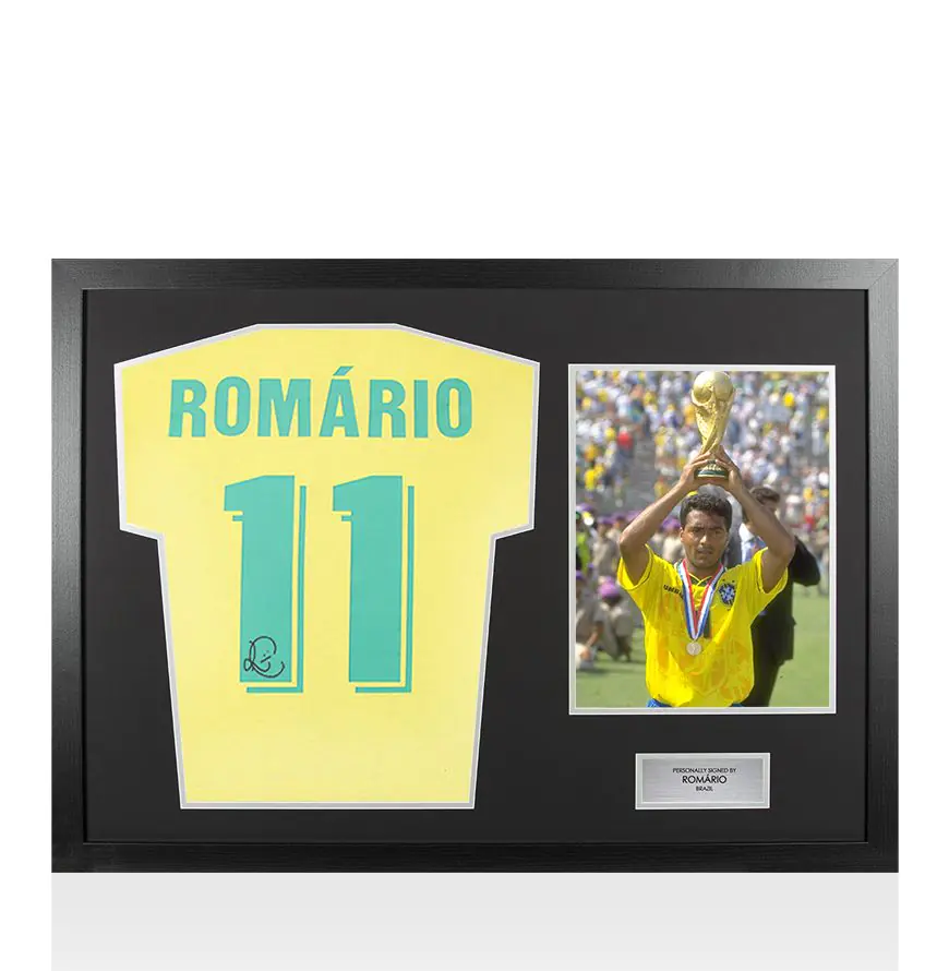 Framed Romario Signed Brazil Shirt: Home, 1970-71 - Panoramic