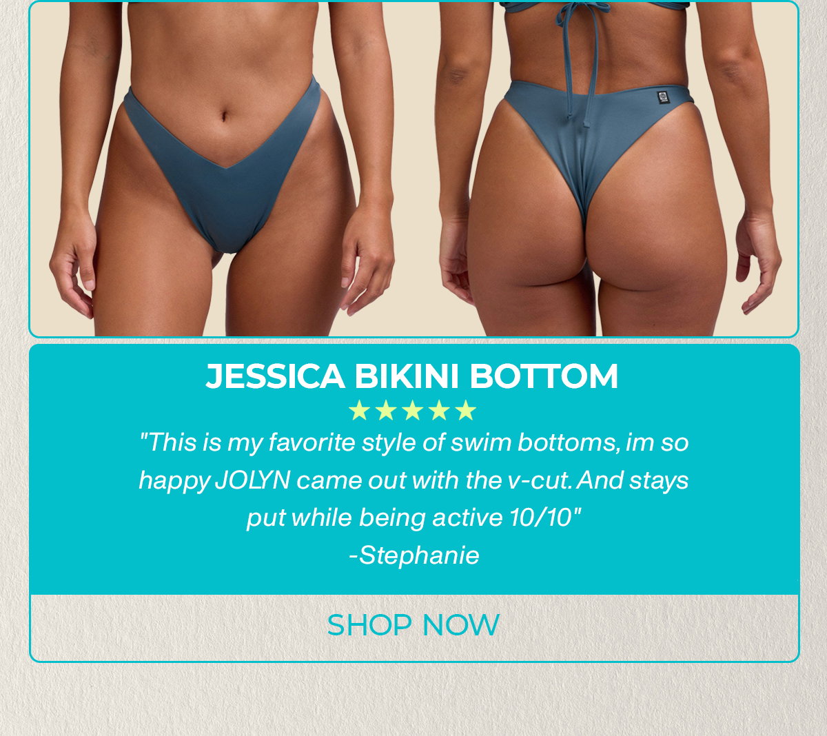 JESSICA BIKINI BOTTOM: "This is my favorite style of swim bottoms, im so happy JOLYN came out with the v-cut. And stays put while being active 10/10"