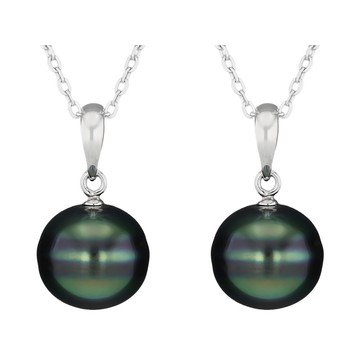 Cultured Tahitian Pearl Rhodium Over Sterling Silver Pendant With Chain Set of Two