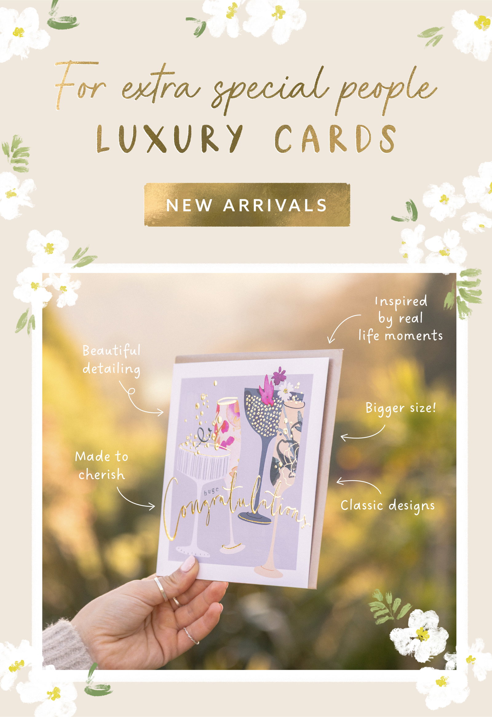Luxury greeting cards featuring gold foil details, larger sizes and premium finishes.