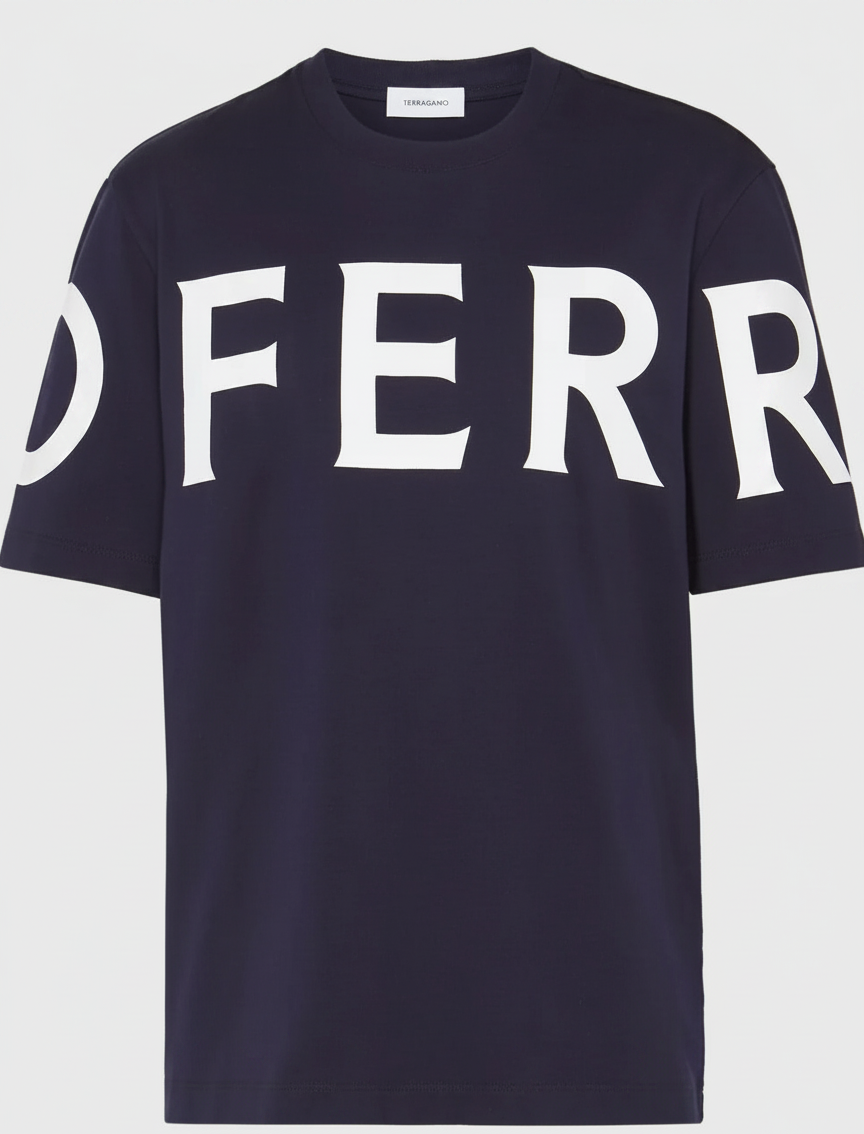 Navy t-shirt with white "OFFERR" graphic print and a small "TERRAGANO" label.
