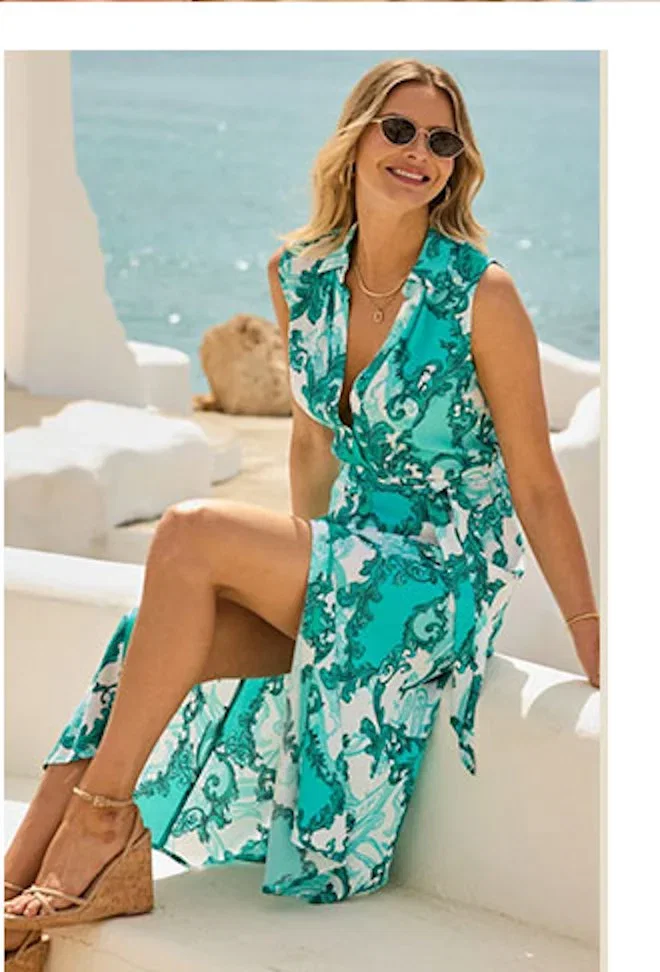 Green Abstract Print Sleeveless Midi Shirt Dress