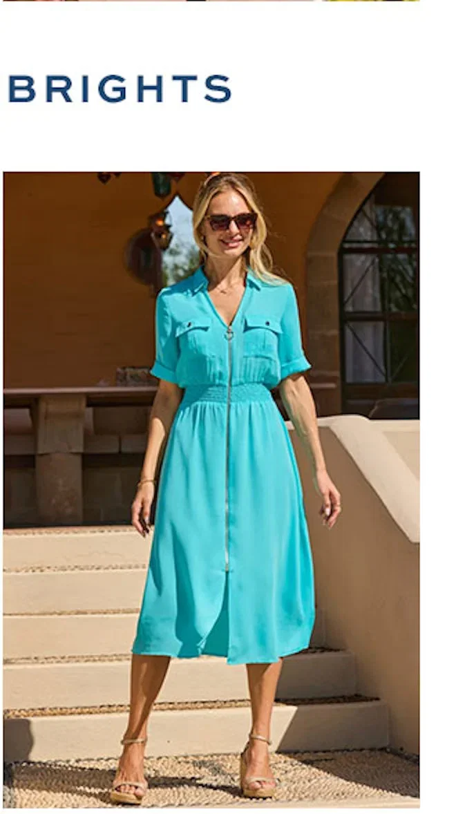 Aqua Blue Shirred Waist Zip Front Shirt Dress
