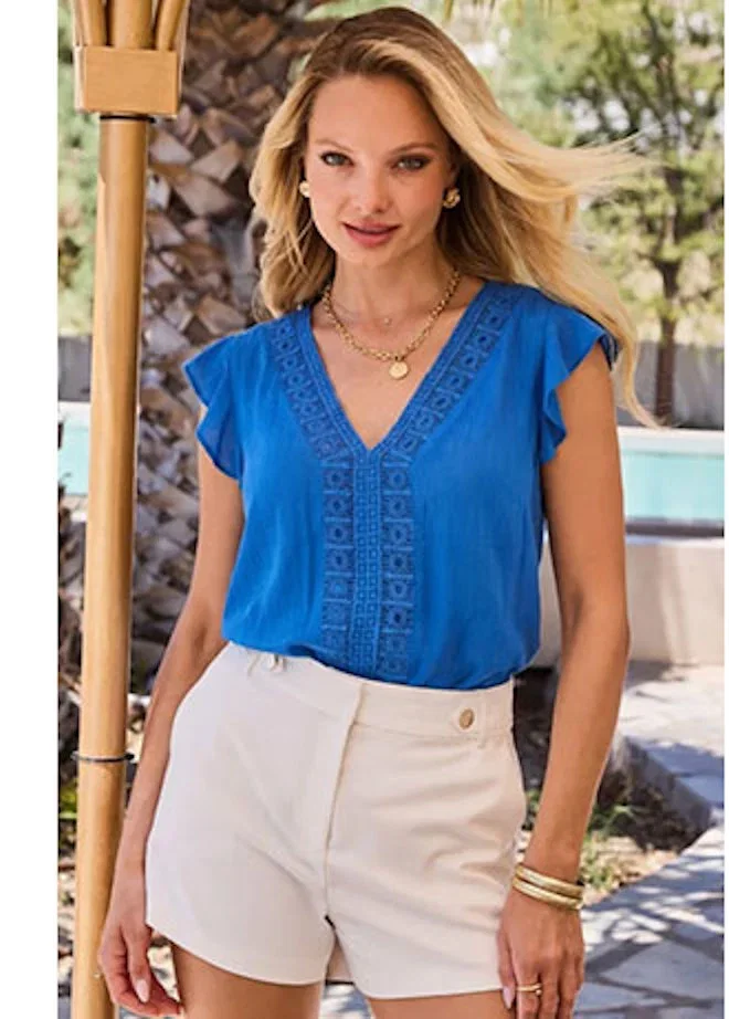 Cobalt Blue Crinkle Lace Detail Ruffle Sleeve Top