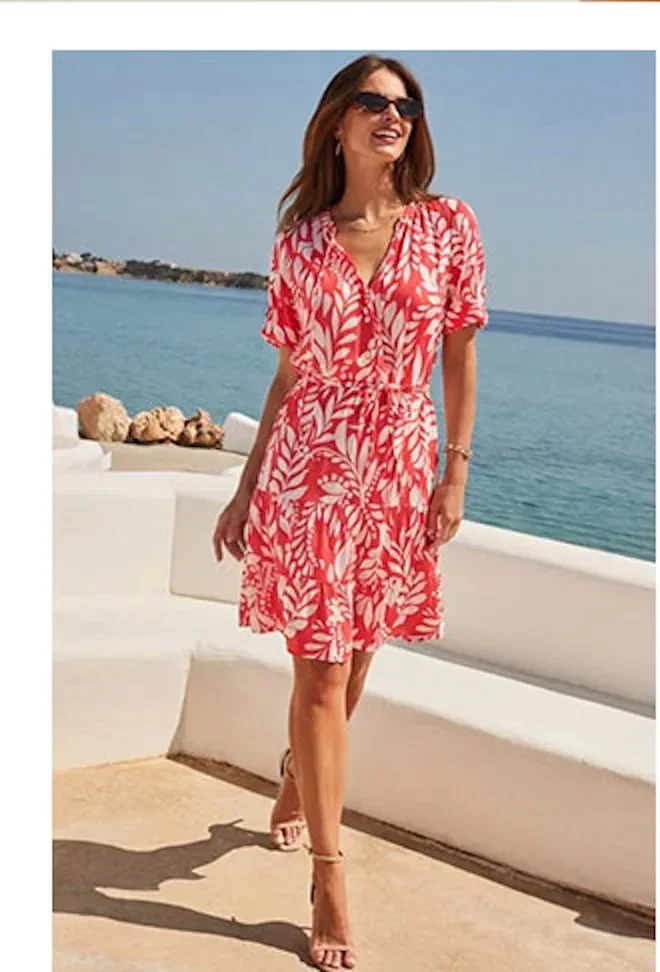 Red Palm Print Tie Waist Dress