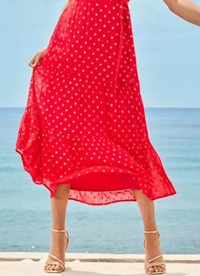 Pink Floral Print Ruffle Hem Wrap Dress