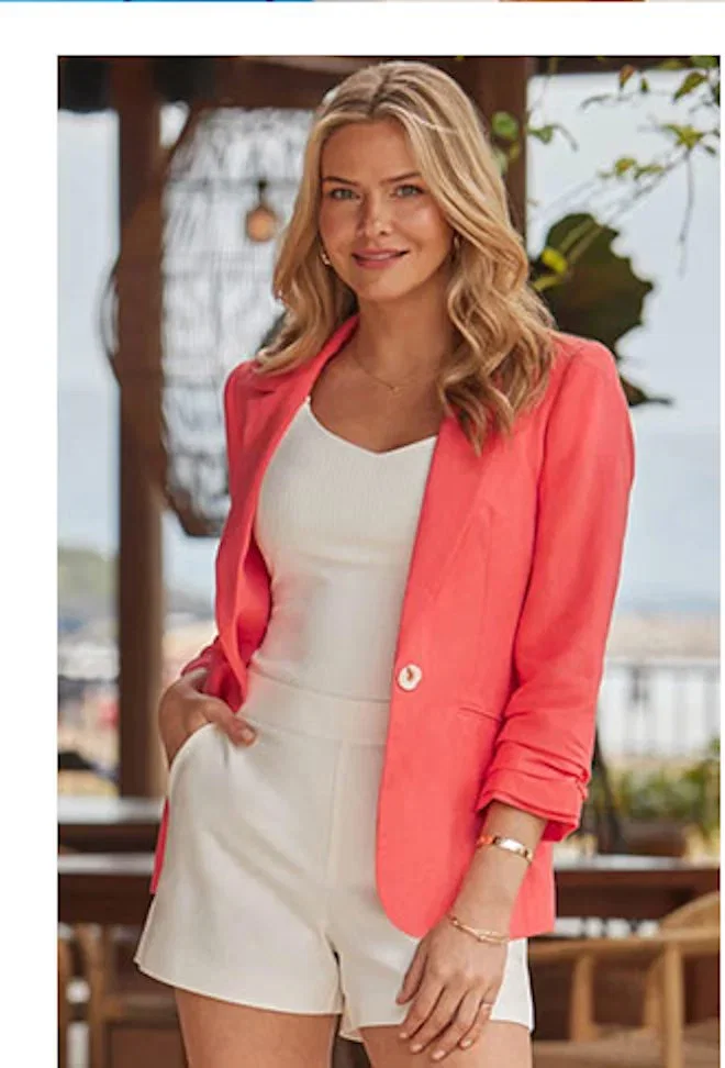 Coral Ruched Sleeve Linen Blend Blazer