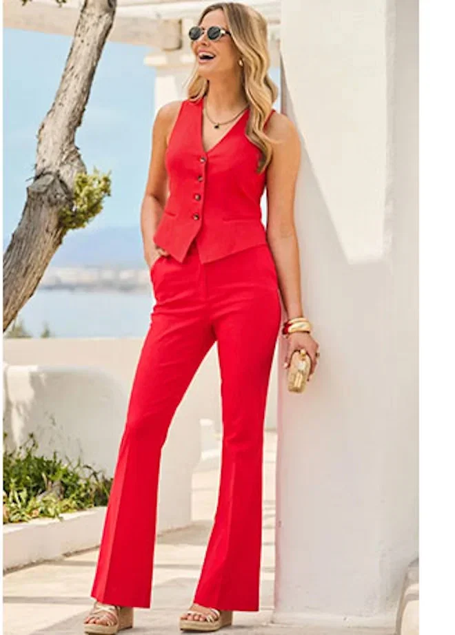 Red Linen Blend Kick Flare Trousers