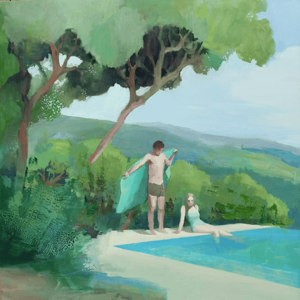 Painting of a couple by the lake