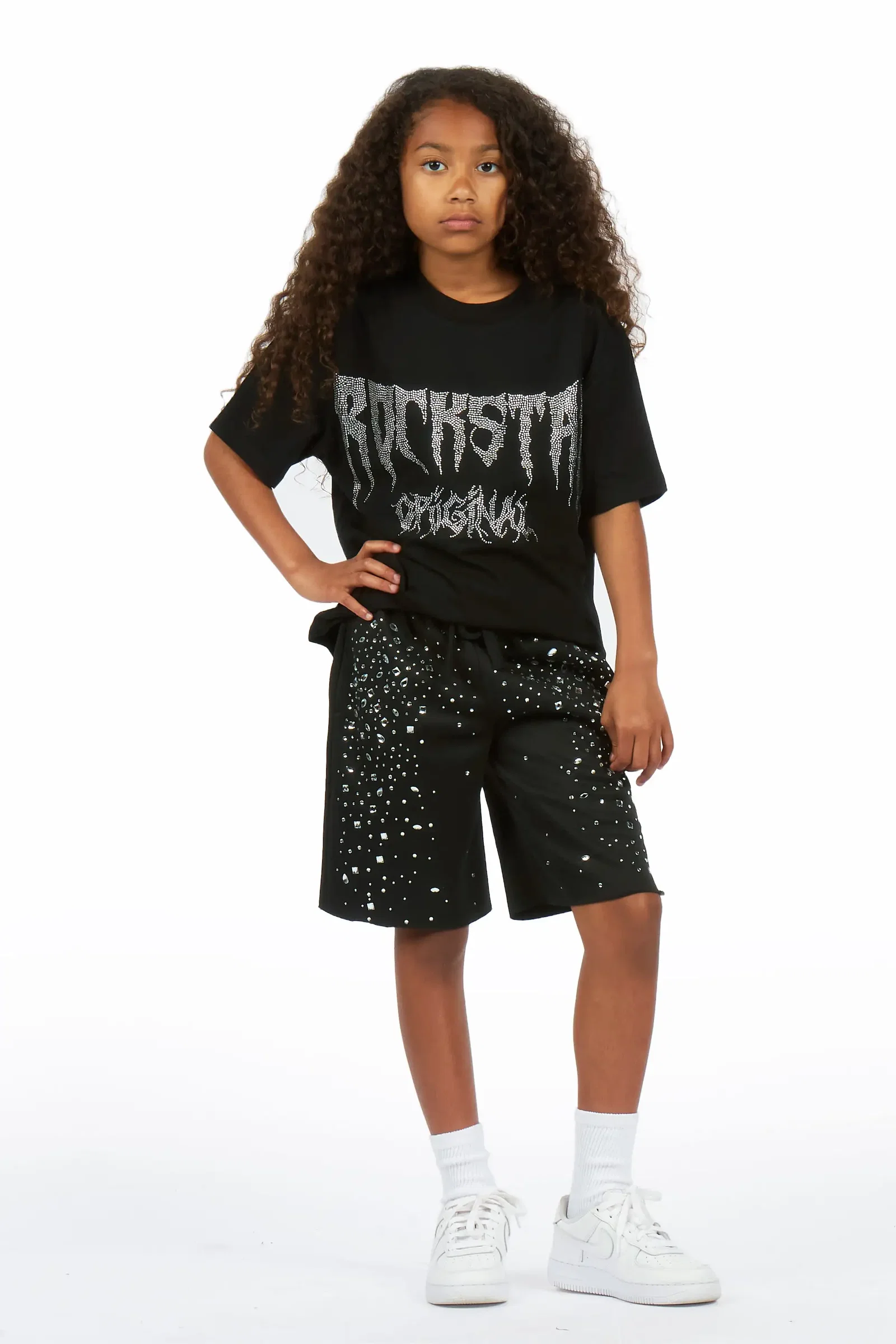 Image of Girls Porsha Black Rhinestone Short Set