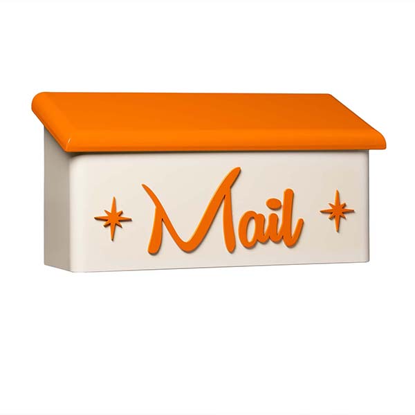 An orange and white Atomic mailbox.