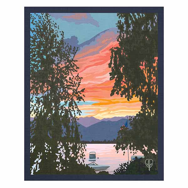 A lake and sunset landscape painting.