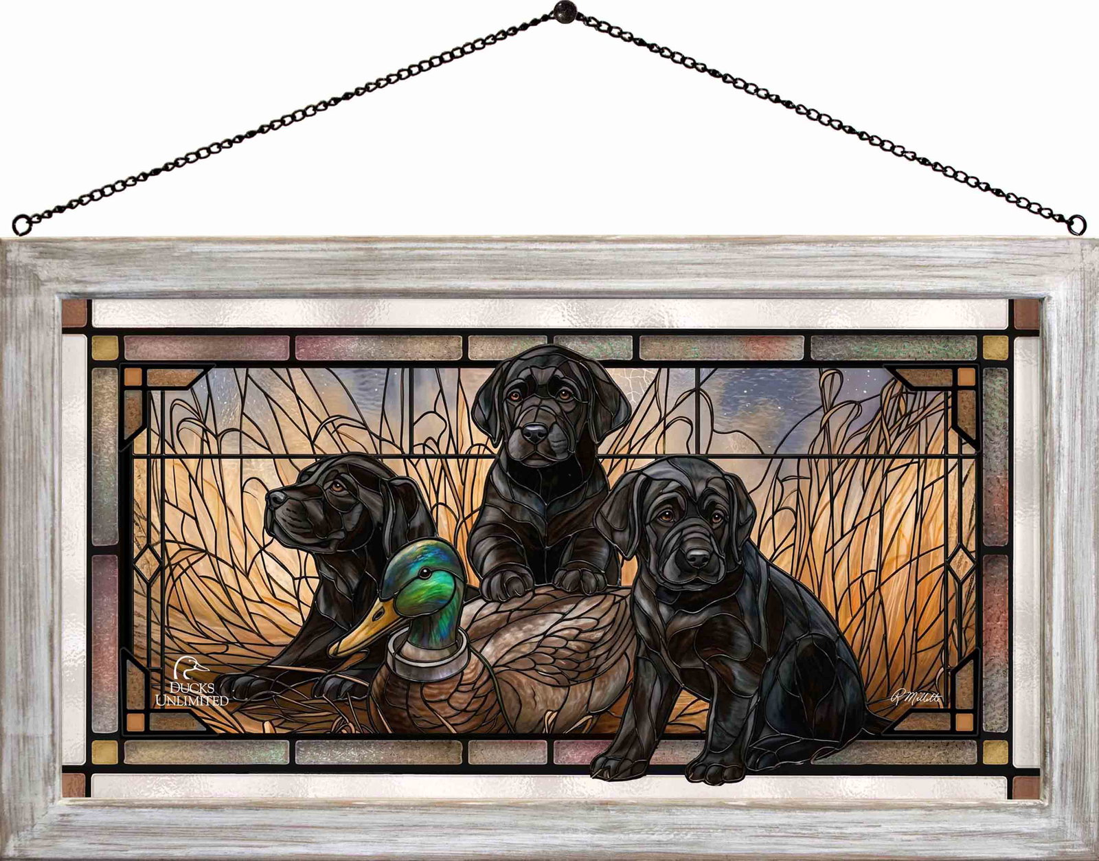 Image of Ready for Class - Black Lab Puppies Stained Glass Art - Official Ducks Unlimited Art