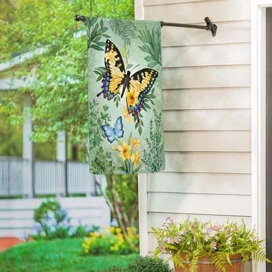 Cottage Garden Green & Yellow Florals Monarch Butterfly Suede House Flag