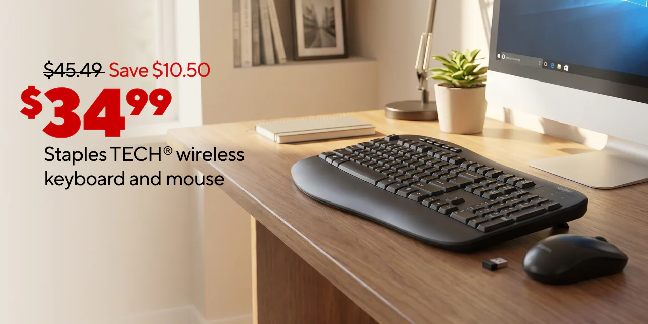 Only $34.99 Staples TECH Wireless Keyboard and Optical Mouse Combo