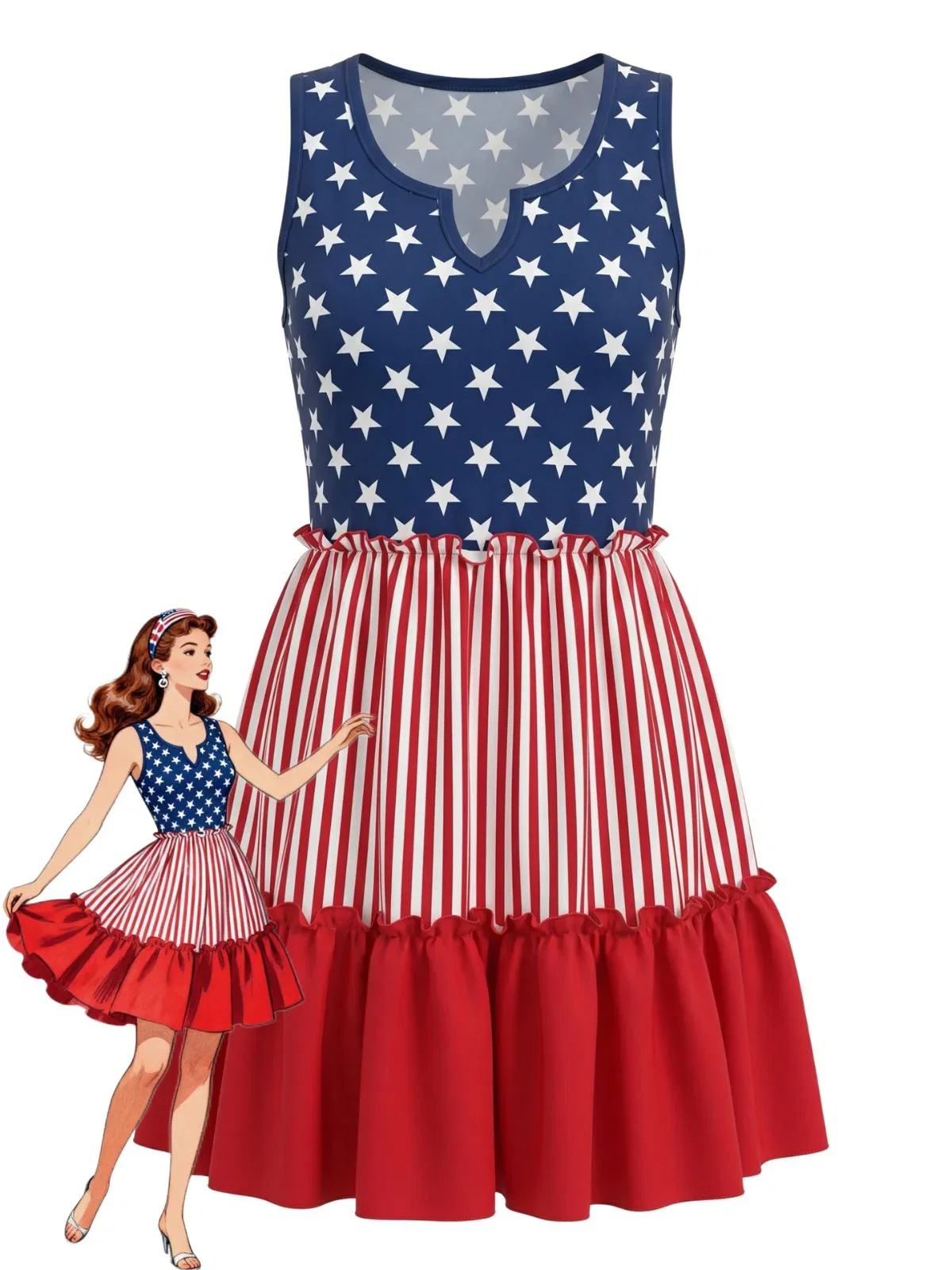 Red & Blue 1940s Patriotic Star Stripe Sleeveless Ruffle Swing Dress