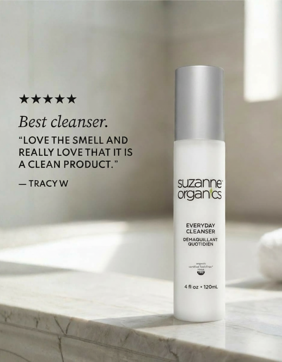 Suzanne Organics Everyday Cleanser bottle with a five-star review.