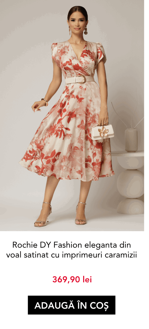 Rochie DY Fashion eleganta din voal satinat cu imprimeuri caramizii